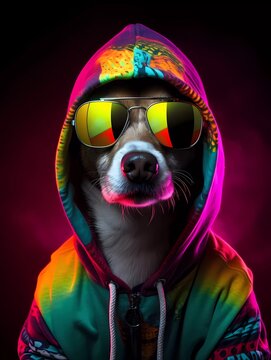 Dog DJ wearing sunglasses and hoodie, with colorful neon lights. generative ai
