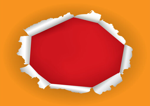 Orange ripped Paper, oval red hole, banner template. 
Illustration of  torn paper with red place for your image or text. Vector available.	