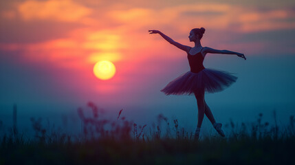 Silhouette of a dancer against a setting sun, a beautiful contrast and highlighting the dancer.