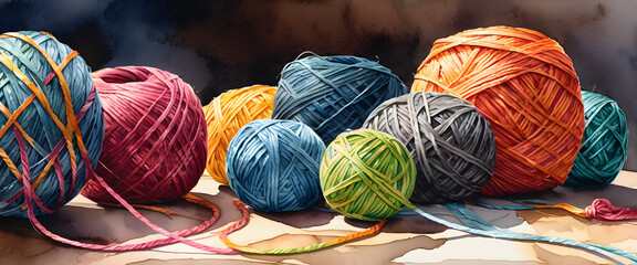 Several pieces of yarn of different sizes and colors are laid out haphazardly. Illustration in watercolor style.