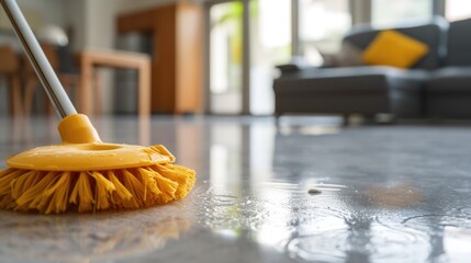 A yellow broom sitting on top of a wet floor.