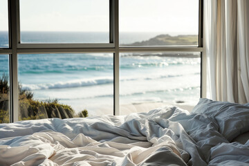 Close up bedroom with white messy bedding and big window with view to beautiful sea ocean beach. Summer, travel, vacation, holiday, mindfulness, relax concept - Powered by Adobe