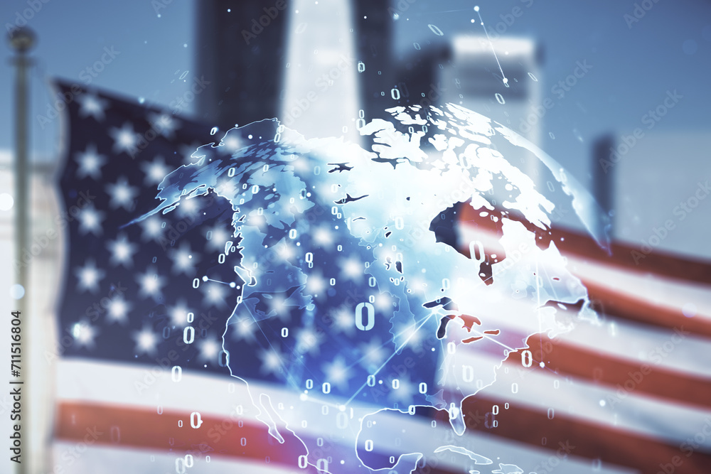 Aufkleber multi exposure of abstract programming language hologram and world map on us flag and city backgroun