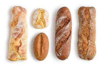 Assorted bakery products including loafs of bread,  baguette and rolls