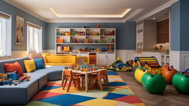 a child's playroom, filled with colorful storage units, playful seating, and educational toys, radiating an atmosphere of youthful joy and imagination, where learning meets fun in every corner.