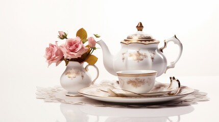 Obraz na płótnie Canvas A classic teapot and cup arrangement on a pristine white background creates an elegant tableau, the high-definition photo highlighting the timeless beauty of tea time.