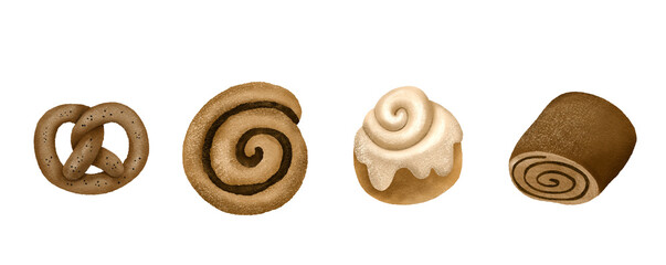 Set of fresh breads. Breads and pastry isolated clipart. Fresh rich sweet sourdough rolls with butter cream. Poppy seed bun and pretzel. Homemade baking. Loaves of bread and bagels