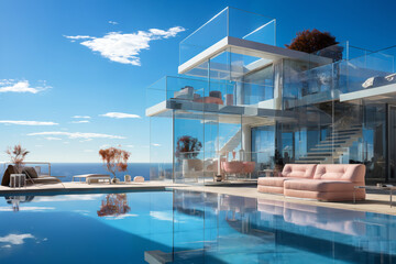lounge area with pool and sofa, glass pavilion and a view of the summer landscape with clear blue sky