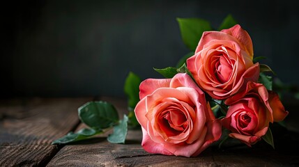 (Romantic allure) Roses carefully arranged on a polished wooden table
