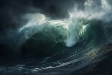 Fototapeta premium sea storm, dark dramatic stormy sky with cumulus clouds over waves for abstract background