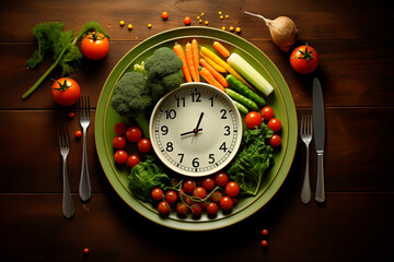Top view of a plate with healthy food and a clock on top in the center of the picture. Intermittent fasting concept. Generative AI