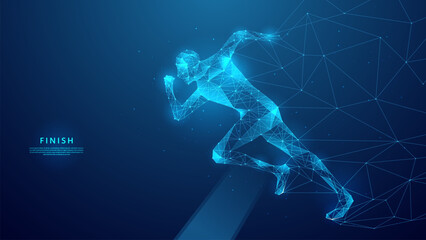Illustration of a high speed runner crossing the finish line in blue low poly vector style. Background concept of achievement, speed and success - obrazy, fototapety, plakaty