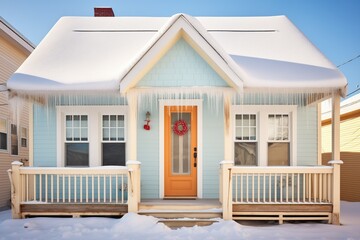 snowcovered cape cod house with icicles