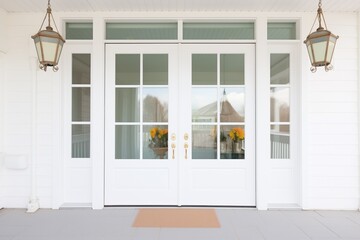 double central door, glass panels, white colonial, lampposts