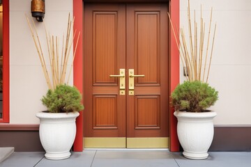 elegant door with brass handle, flanked by planters