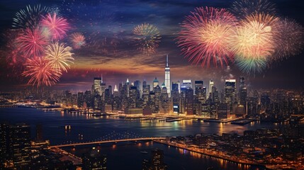 City skyline aglow with colorful fireworks, bustling streets below filled with revelers, a vibrant party venue rooftop offering room for festive messages - Generative AI