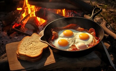Camping breakfast with Fried eggs and bacon in a pant. Food at the camp. Picnic