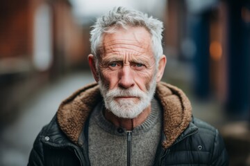 Portrait of a senior man with gray beard on the street.