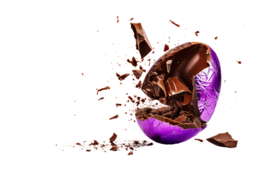 milk chocolate easter egg with purple foil, on white background