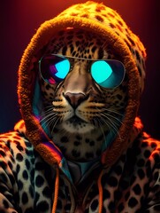 Leopard DJ wears sunglasses and hoodie, with colorful neon lights. generative ai