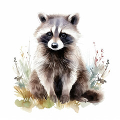 Obraz premium Watercolor drawing of a raccoon in the grass on a white background. Wild animal illustration. Printable print.