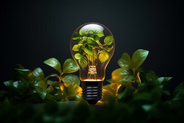 Light bulb adorned with verdant foliage symbolizing energy conservation and sustainable, recyclable energy. Generative AI