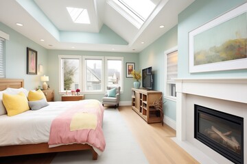 cozy bedroom in tudor house with modern skylights