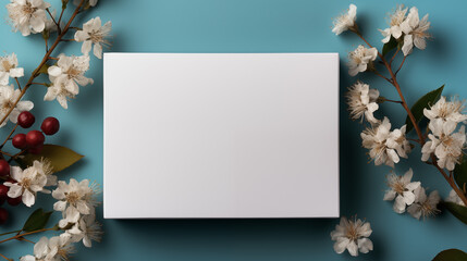 White canvas mockup, blank picture hanging on blue  wall with flowers and leaves. Poster mock up, empty blank  with plant decorations, front view
