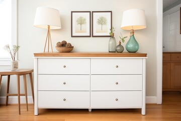 white dresser with wood top and details