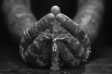 Christian cross in the hands of a believer, prayer for salvation, stylish black and white...
