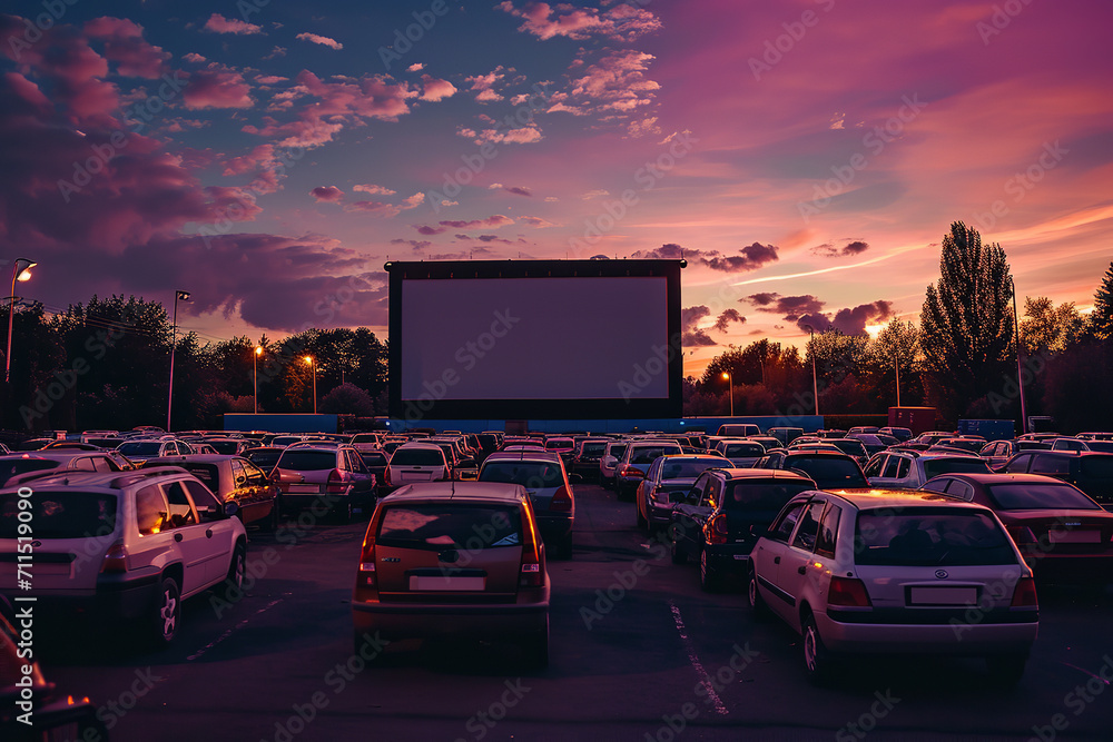 Wall mural An outdoor drive-in movie theater at dusk offers a nostalgic film experience, with a large screen set against a backdrop of stars.