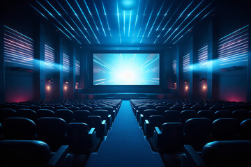 A modern multiplex cinema featuring state-of-the-art digital screens and a contemporary design - serving as a futuristic entertainment hub. - obrazy, fototapety, plakaty
