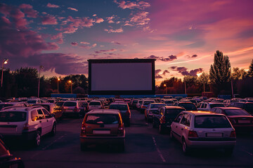 An outdoor drive-in movie theater at dusk offers a nostalgic film experience, with a large screen set against a backdrop of stars.