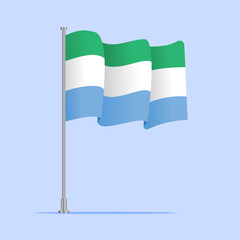 Vector 3d realistic flags of Sierra Leone on steel poles isolated on white background. National symbol of Sierra Leone illustration. Sierra Leone Flag on flag pole isolated on white background.