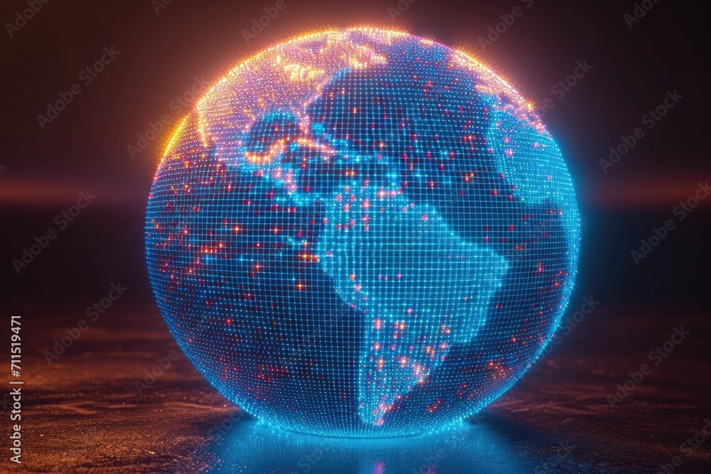 Poster a glowing globe with a map of the world on it.