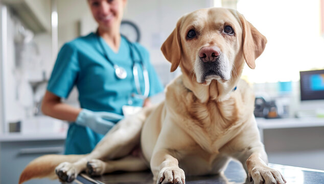 Golden labrador retriever dog on a table in a veterinary clinic. Golden retriever puppy in a vet cabinet	