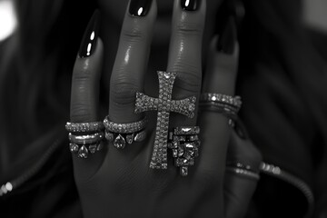 Christian cross in the hands of a believer, prayer for salvation, stylish black and white photography, religion Jesus Christ