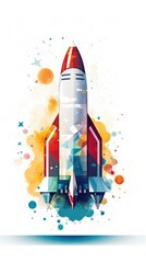 A red and white rocket is flying through the air, colorful clipart on white background.