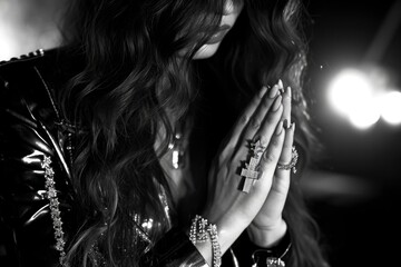 Christian cross in the hands of a believer, prayer for salvation, stylish black and white...