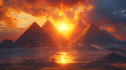 Egyptian pyramids in the water and the sky in the clouds, Generative AI