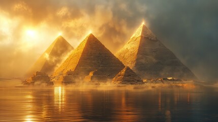 Egyptian pyramids in the water and the sky in the clouds, Generative AI