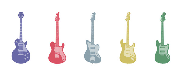 Set of Electric Guitars Isolated. Colors of 70s.