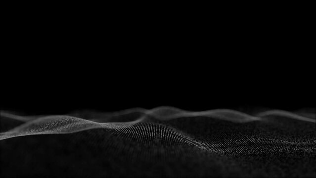 Floating movement with white round dots on a black background Wave of particles. Futuristic dots background with a flowing, dynamic wave. Seamless loop.