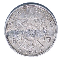 1870 A FRANCE Francais Empereur emperor NAPOLEON III Barre Antique old vintage Silver 5 Franc French Coin reverse back side isolated on white background
