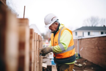 tradesperson constructing a retaining brick wall