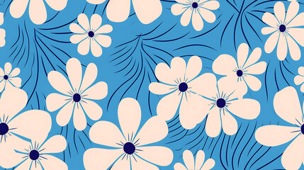 seamless print background with blue and white flowers - Seamless tile. Endless and repeat print.