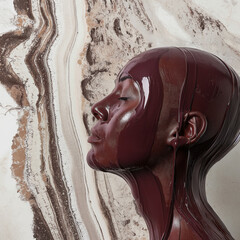 Calming Rhythms - A human figure coated in maroon latex against a marble backdrop, seeking the flow of life