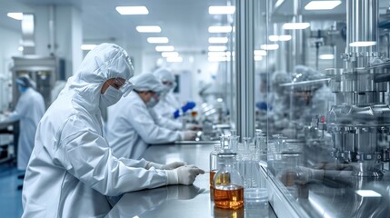 A group of people working in a pharma clean room, in a factory.