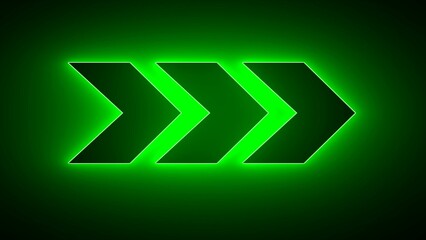 Neon arrow icon. Neon arrow abstract green with Light Shapes on black background and reflective floor. right green arrow for road direction. Flashing neon icon to the right arrow. right arrow. - obrazy, fototapety, plakaty