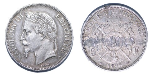 1870 A FRANCE Francais Empereur emperor NAPOLEON III Barre Antique old vintage Silver 5 Franc French Coin obverse front and reverse side isolated on white background